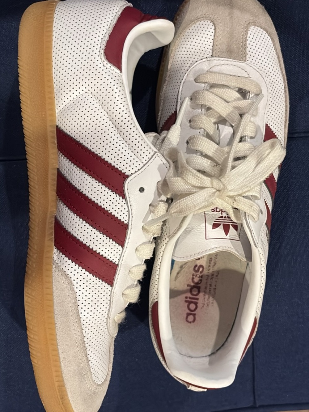 adidas Men’s White Sneakers with Burgundy Stripes and Gum Sole